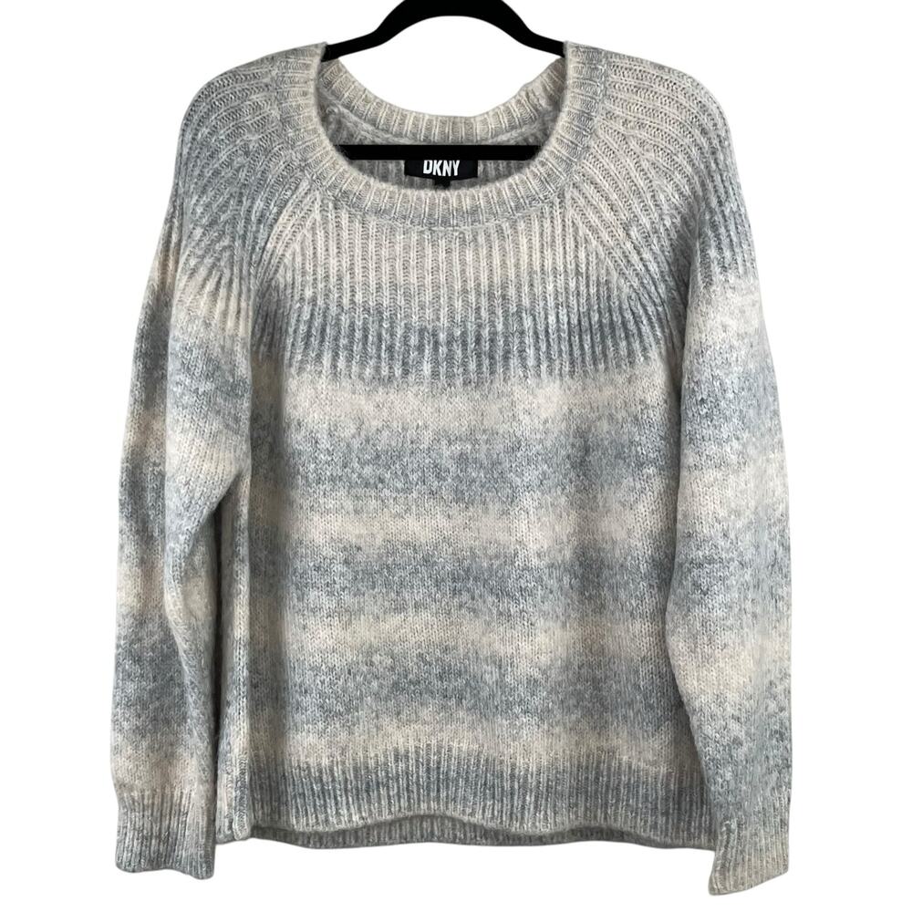 DKNY Gray Cream Ombre Striped Crewneck Soft Knit Pullover Sweater XL NWT